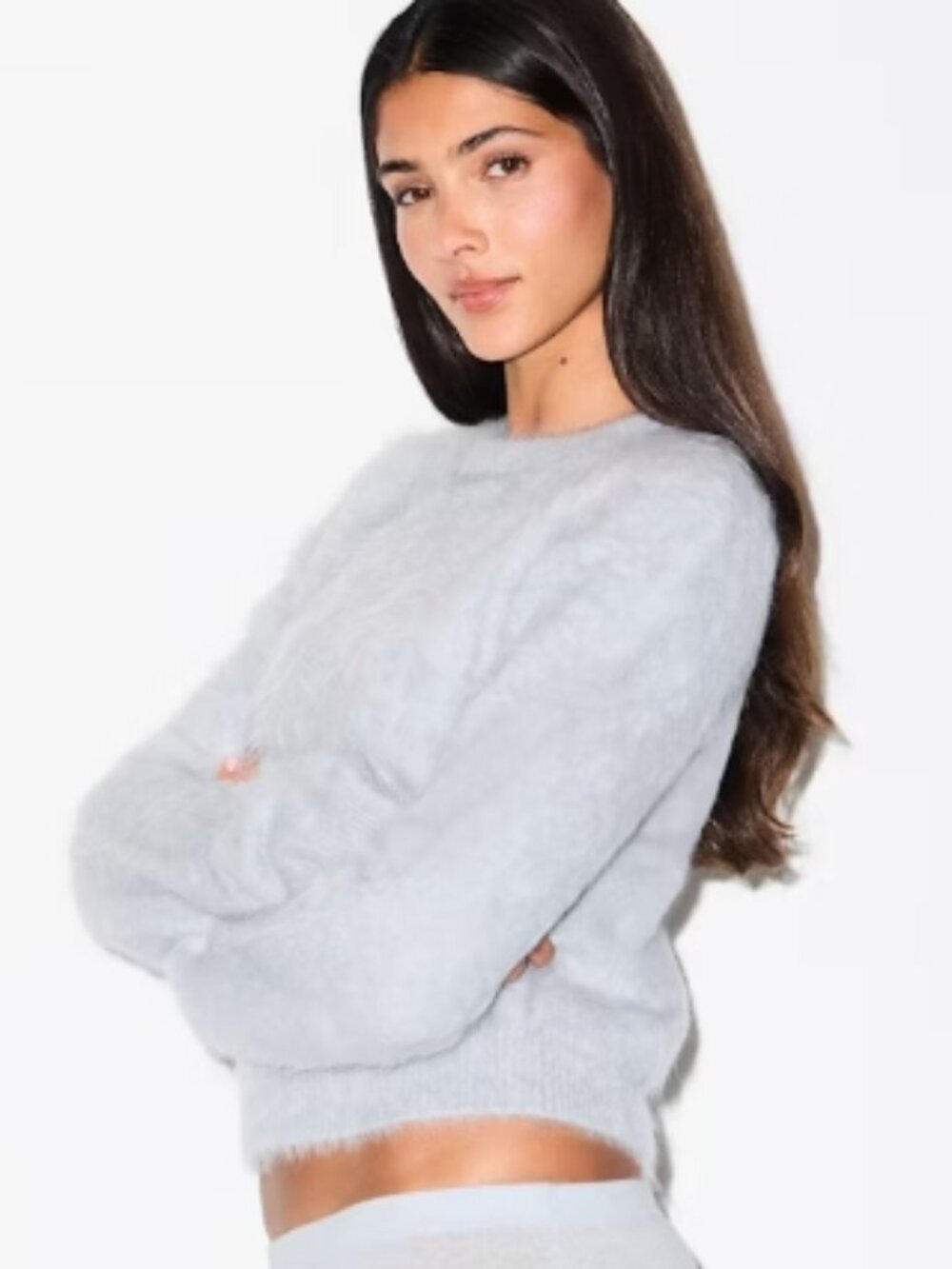 NEW SKIMS Brushed Alpaca Long Sleeve Sweater Fitted Crew Neck Blue Pearl Small